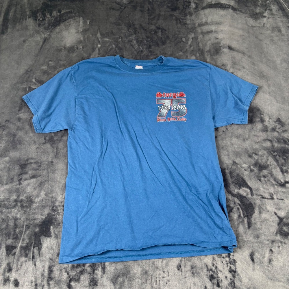 Hanes T-Shirt Mens M Blue Sturgis 75th Anniversary Black Hills Rally 1938-2015